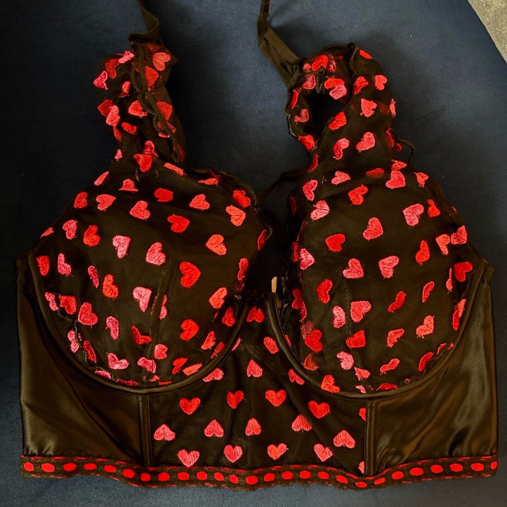 Victoria's Secret Black Bra with Red Heart Pattern